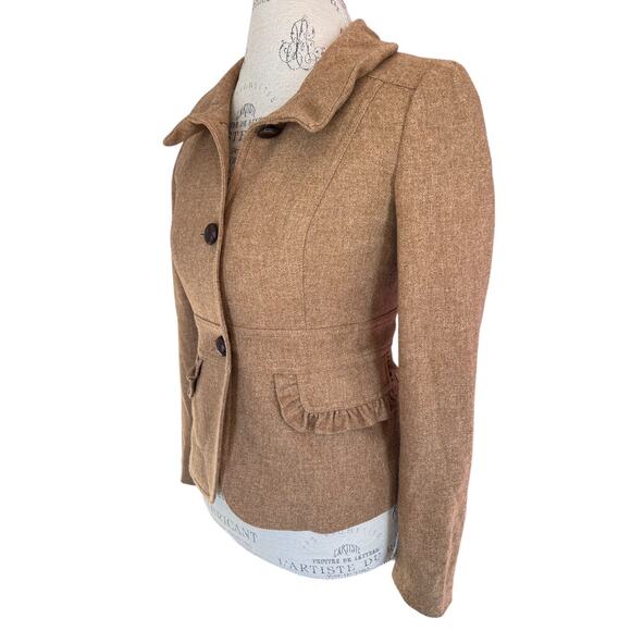 J.Crew Brown Wool Blend Tailored Jacket | Women’s Size 2 | Ruffle Pocket Detail - Picture 3 of 10